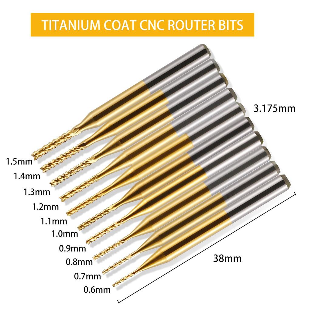 End Mill Sets, 10Pcs Titanium Coat, 1/8" Shank 0.6-1.5mm Micro Engraving Bits CNC Router Bits for Rotary Tools