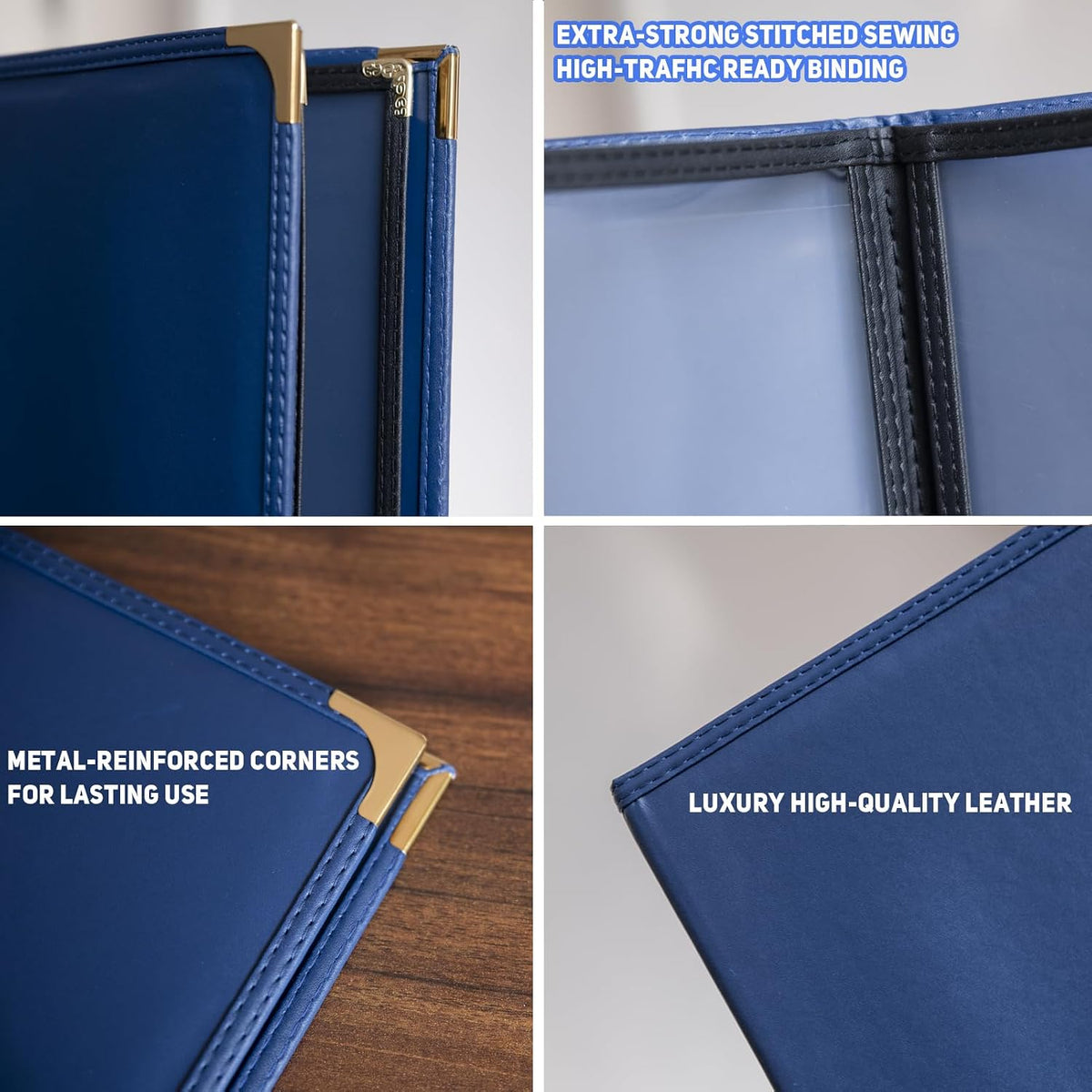Restaurant Menu Covers 8.5×11 – 8 Page 16 View Menu Sleeve, Premium Navy Faux Leather, Waterproof Durable Menu Holder