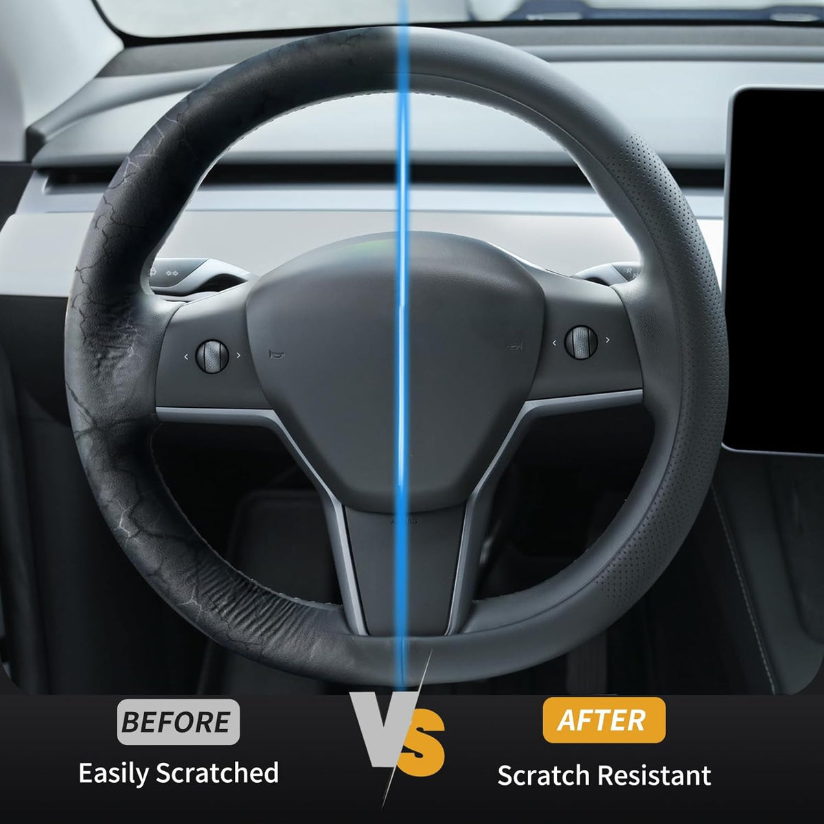 Nappa Leather Steering Wheel Cover Compatible with Tesla Model 3/Y 2016-2025 2026 Juniper/Highland, Non-Slip