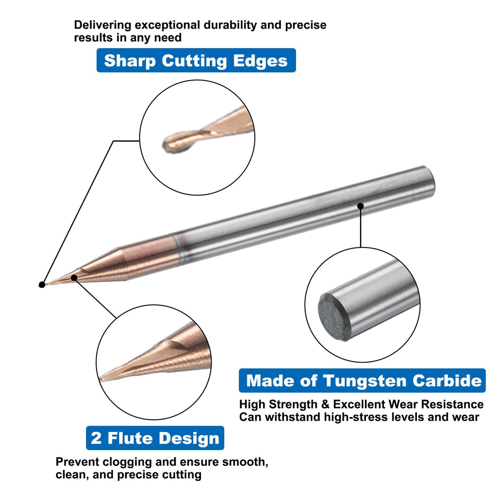 HARFINGTON Ball Nose End Mill 2 Flute 1/64" Diameter 1/8" Shank Tungsten Carbide TiAlN Coated Spiral CNC Router Bits 1/32" Cutting Length Single End Ball for Carving Engraving Grinding