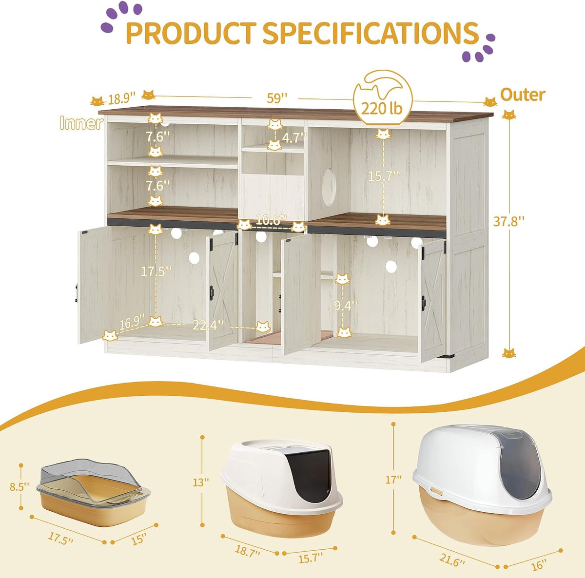 Double cat Litter Box Enclosure, Cat Cabinet with Large Storage