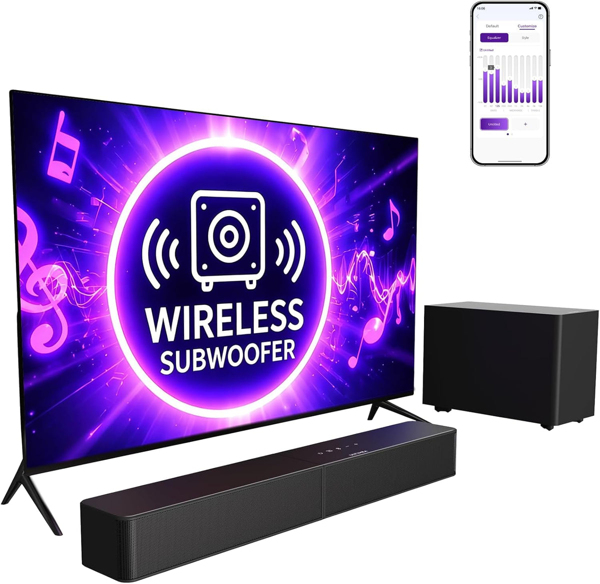 Sound Bar with Wireless Subwoofer, App Control, for Home Theater | 240W Peak Power, VoiceMX & BassMX, 2.1ch Soundbar