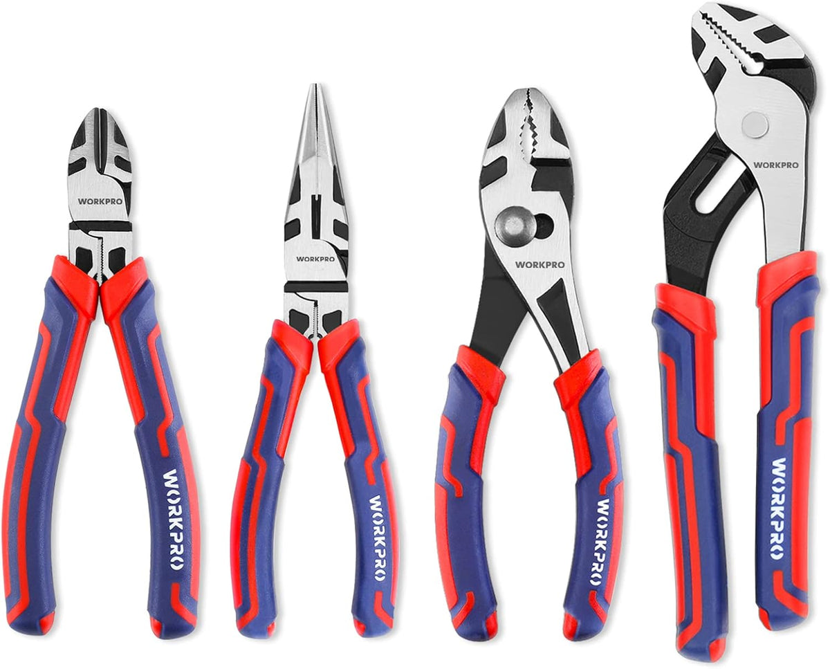 4-Piece Pliers Set - Premium CR-V Construction Tool Set Including Long Nose, Diagonal Cutting, Groove Joint and Slip
