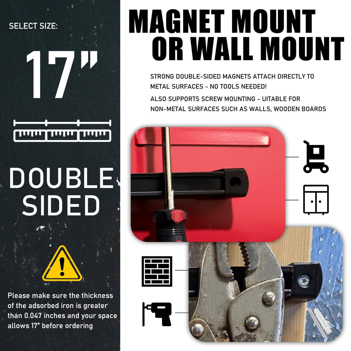 BEILITEMAG Double Sided Magnetic Tool Holder, 17 Inch Heavy Duty Magnet Bar Strip with Extra Strong Magnets, Magnetic Tool Organizer for Garage, Warehouse, Workshop, Tool, Industrial (1 Pack)