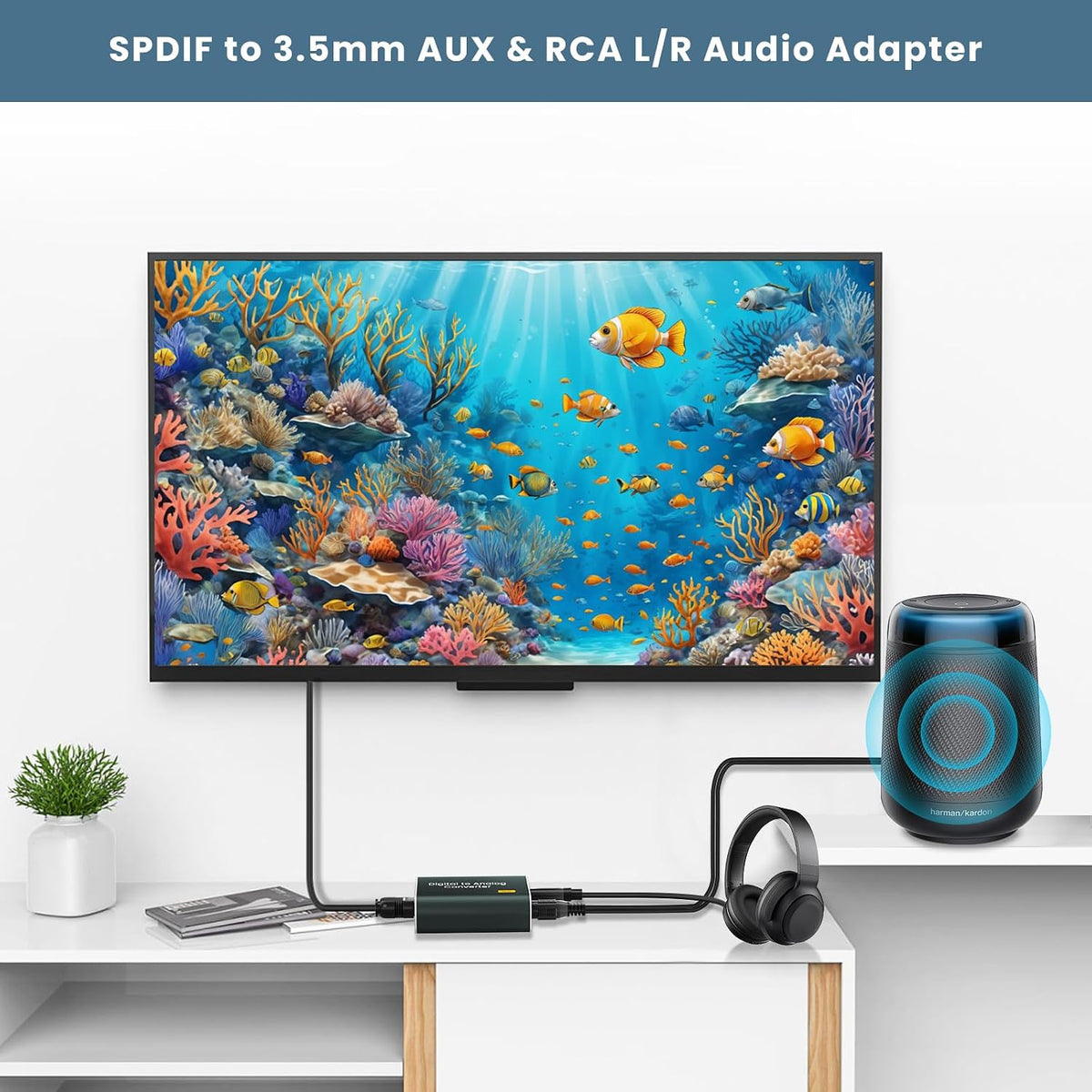 Digital to Analog Audio Converter,192kHz DAC Converter Digital Optical to Dual Analog 3.5mm AUX Audio Adapter with
