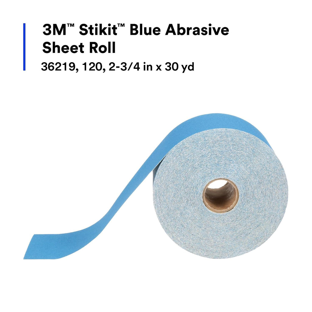3M Stikit Blue Abrasive Sheet Roll, 36219, 120, 2-3/4 in x 30 yd, Used for Autmotive Paint Preparation and Coatings Removal, 1 Roll