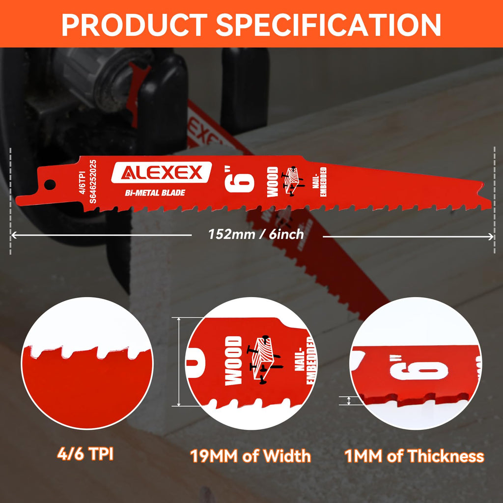 10 Pack 6 Inch 4/6 TPI Reciprocating Saw Blades for Wood and Nail-Embedded Wood Cutting, Bi-Metal Sawzall Blades for Cutting Nail and PVC Pallets etc, for Diablo Sawzall Blades DS0912BW15