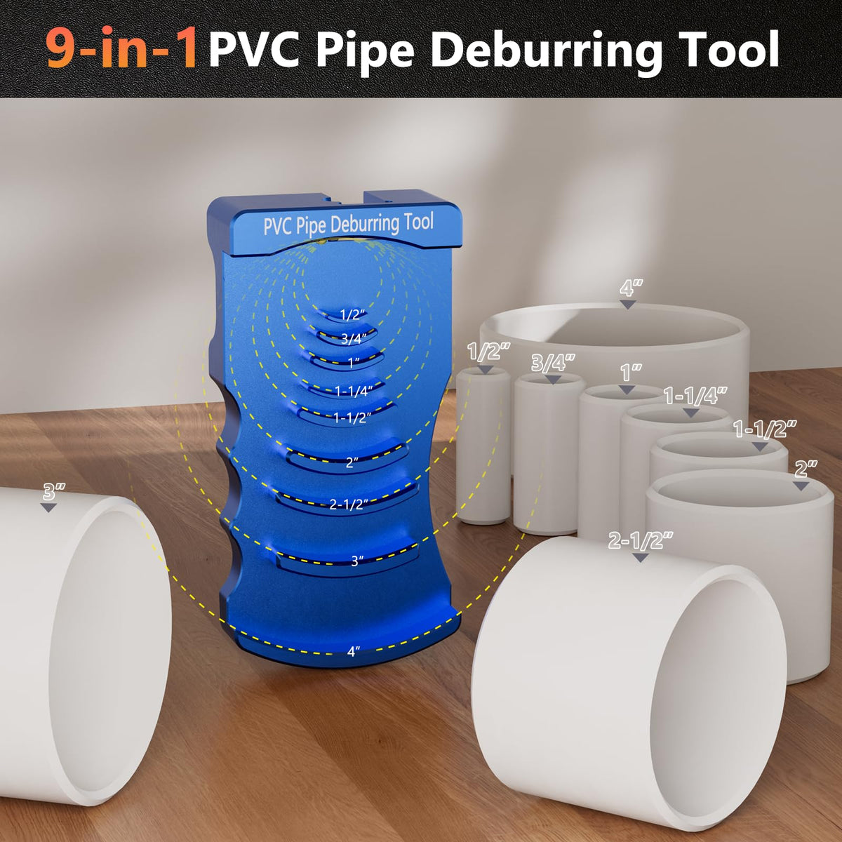 9-in-1 PVC Pipe Deburring Tool, Adjustable Chamfer Tool 0.5"–4", PVC Pipe Reamer, Plastic Pipe Deburr Tool for PVC CPVC ABS PP PE, Plumbing Chamfer Reamer Tool Set (Blue)