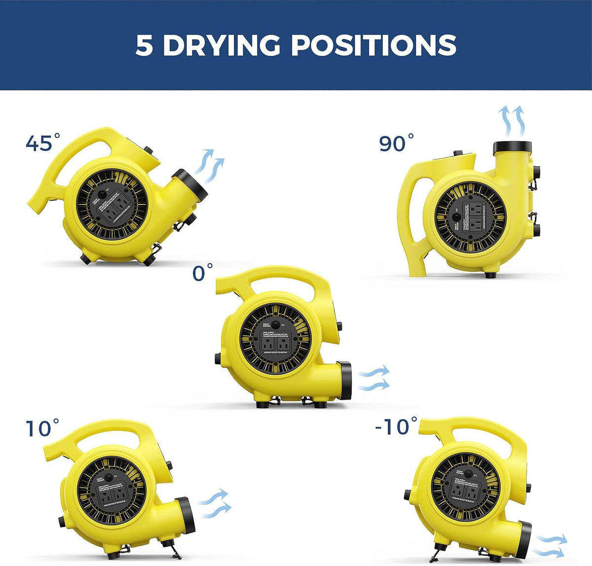 3 Speed Air Mover Blower Fan 115W 600CFM Utility Floor Fan - Yellow | Centrifugal Blower Fan with 5-Angle Airflow