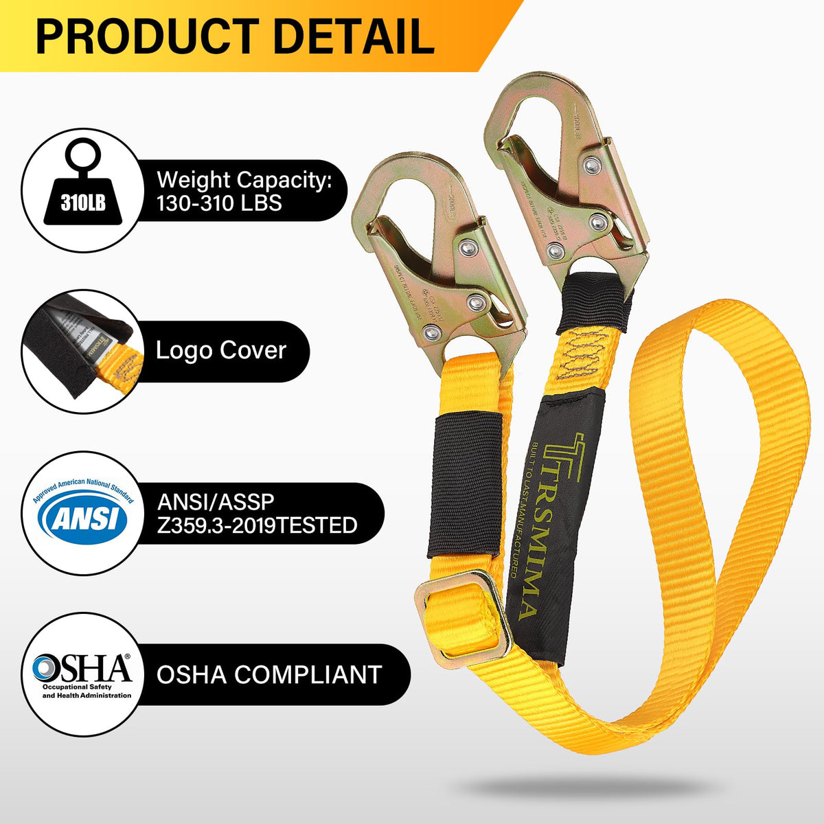 TRSMIMA Fall protection Safety Lanyard - 4ft to 6ft Adust Webbing Belt