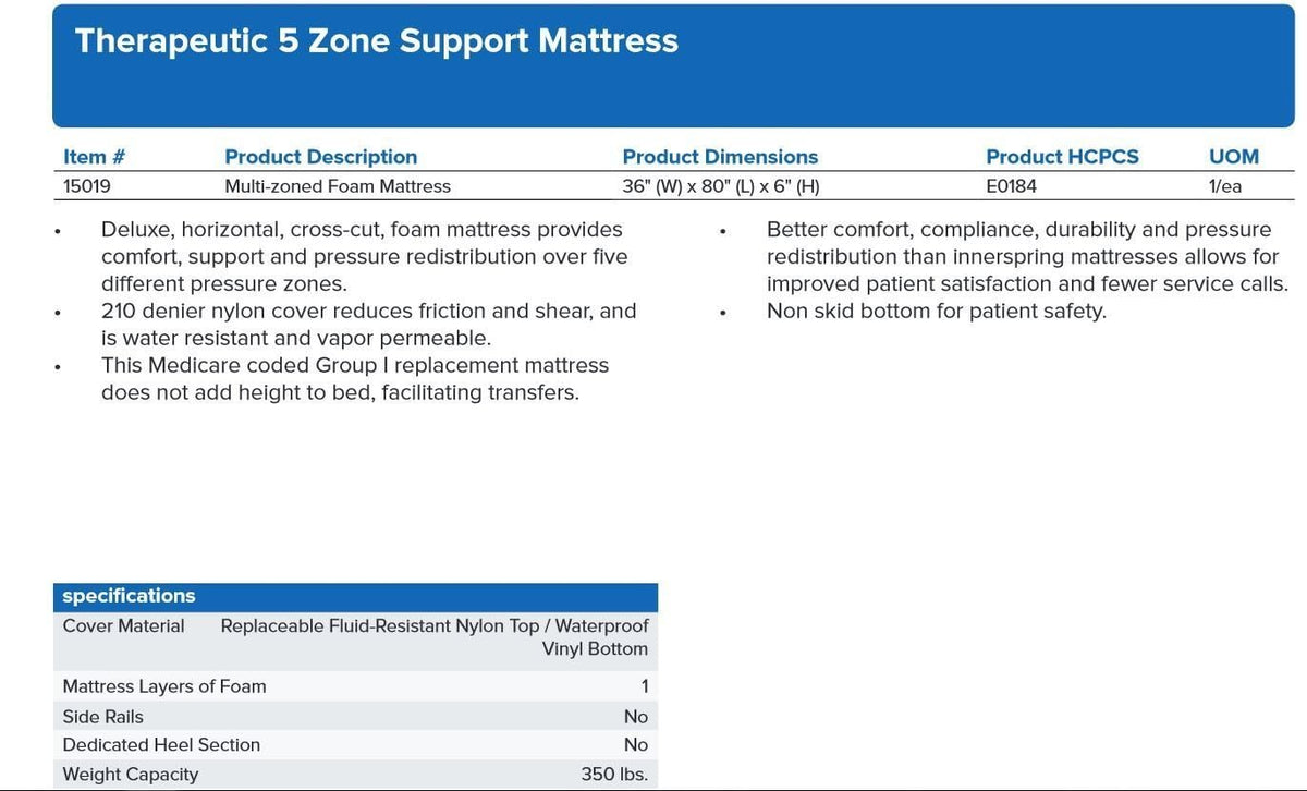 Drive Medical Therapeutic Foam Mattress for Hospital Beds, White