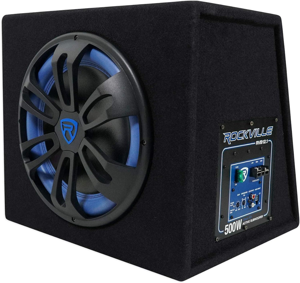 RVB12.1A 12" 500W Powered Car Subwoofer Bundle with RWK10 Amp Kit | 500W Peak / 300W RMS, Class AB, RCA and High