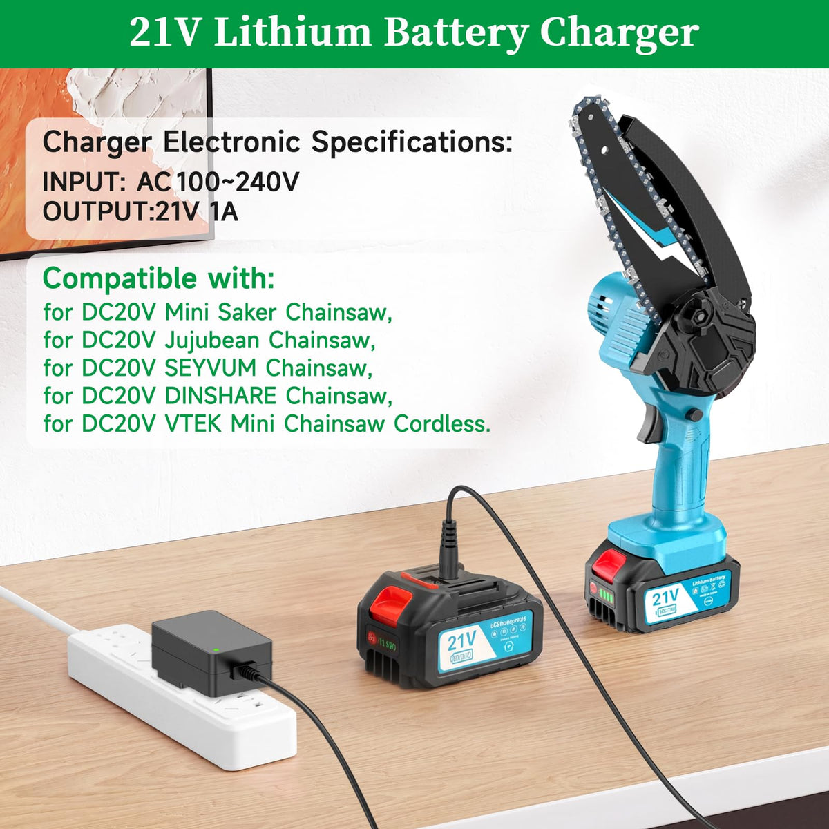 21V Lithium Battery Charger, for 20V 21V Power Tools - Compatible with Leaf Blower, Mini Chainsaw, Hand Drills
