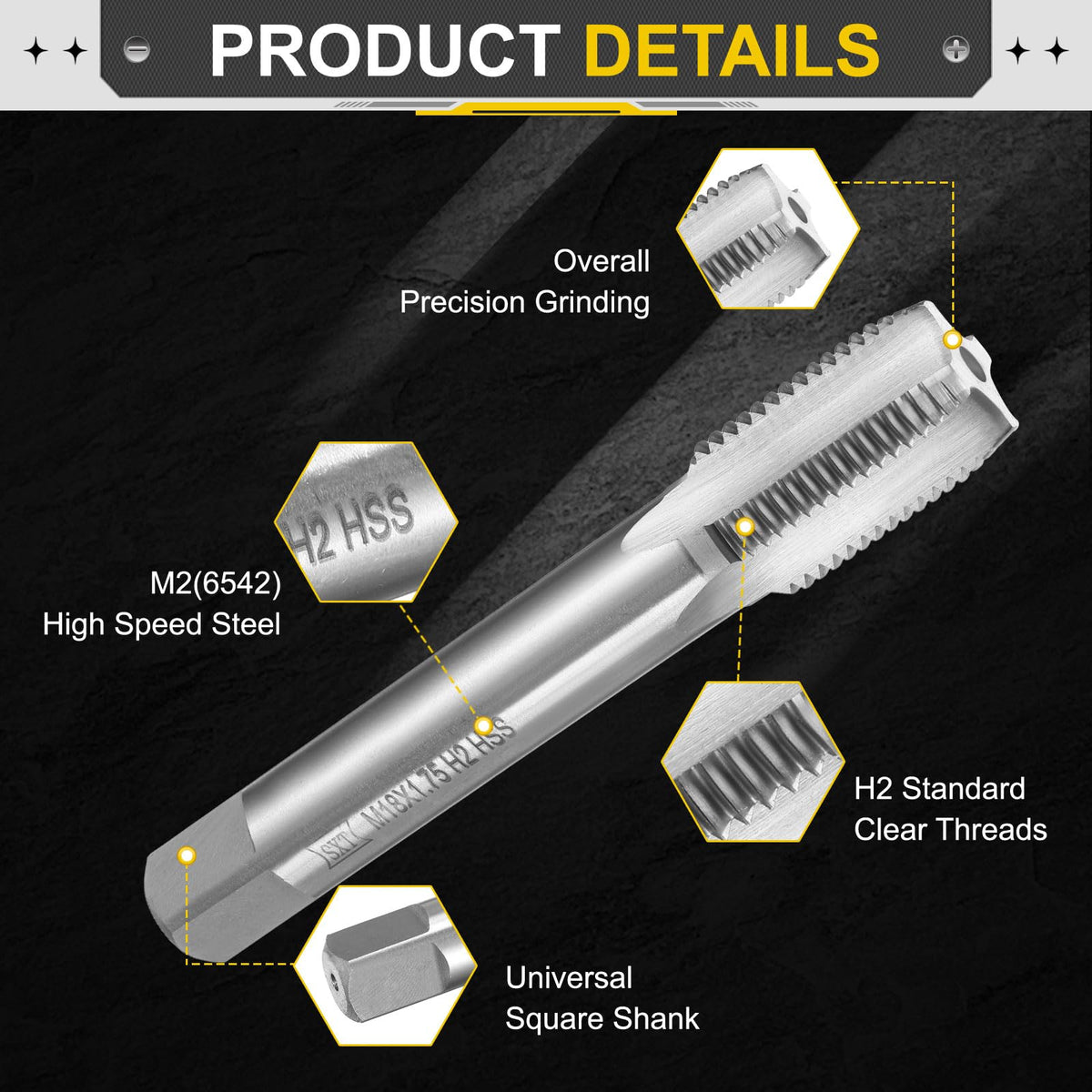 uxcell Hand Plug Tap M18 x 1.75 H2 Metric Thread Plug Style Taps Straight Flute Screw Tapping Threading Tool High Speed Steel HSS6542