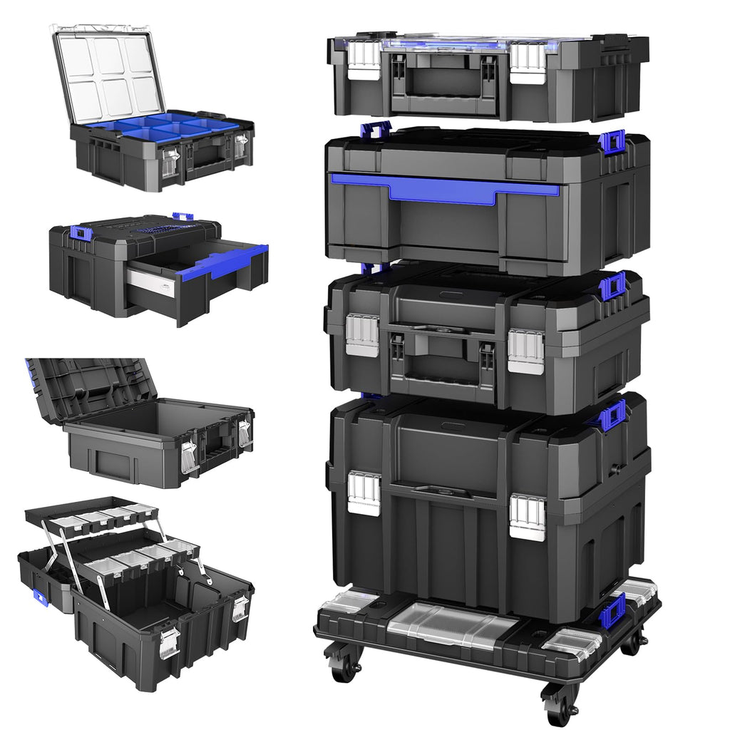 4 Tier Rolling Tool Box with Wheels, 18” Stackable Tool Box Organizer
