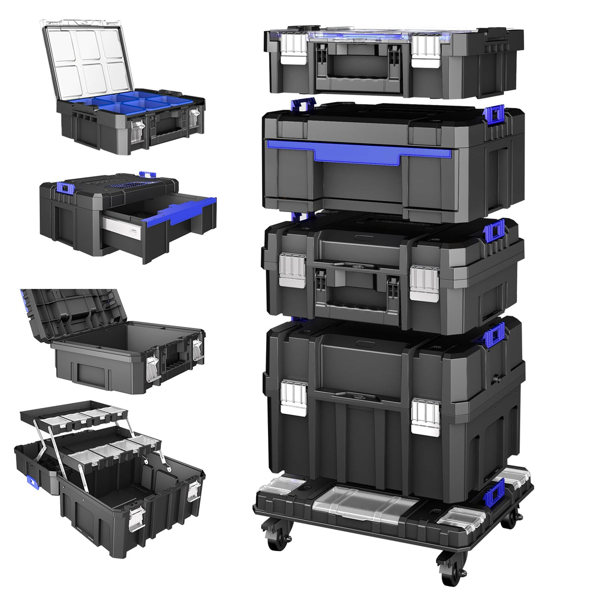 4 Tier Rolling Tool Box with Wheels, 18” Stackable Tool Box Organizer