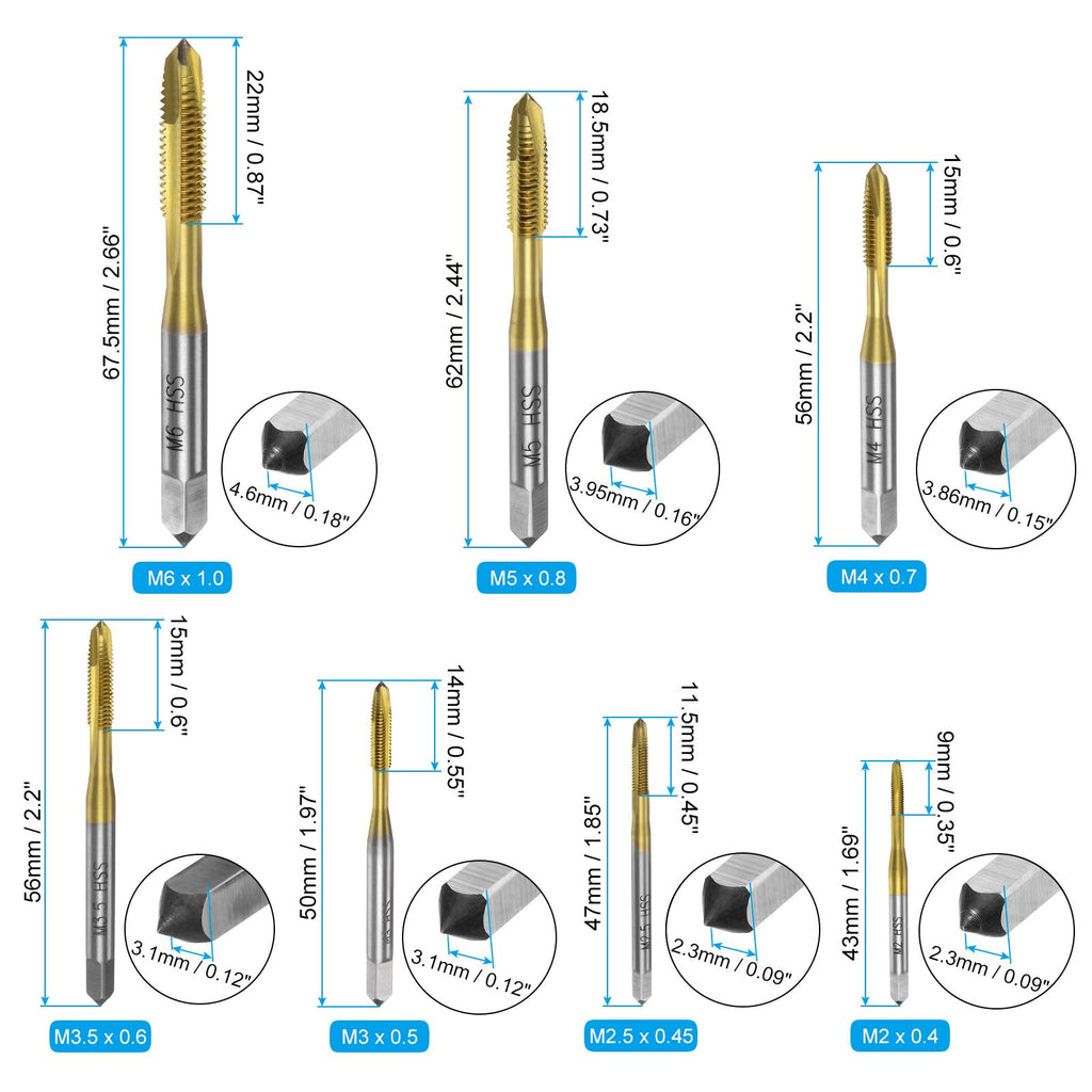 uxcell 7pcs Spiral Point Tap Set M2 M2.5 M3 M3.5 M4 M5 M6 Metric Thread