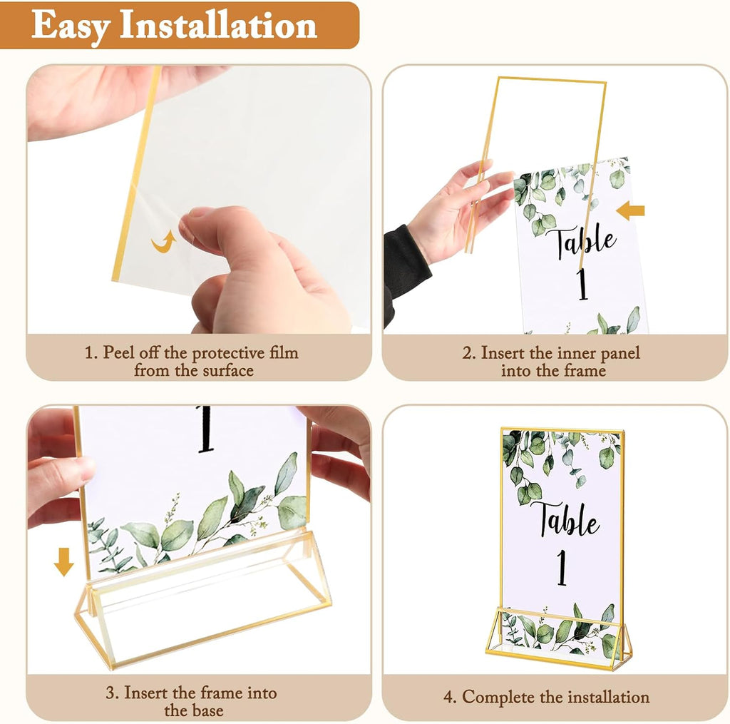 6 Pack 5x7 Inch Clear Acrylic Sign Holders, Gold Border Double-Sided Vertical Picture Frames & Display Stands for