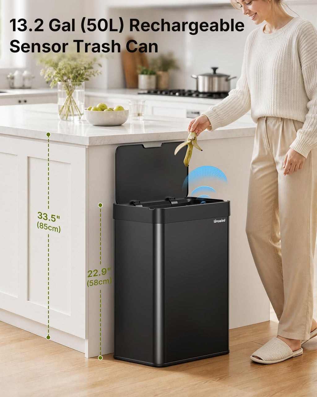 13.2 Gallon Automatic Kitchen Trash Can, Touchless Sensor Garbage Can,Black