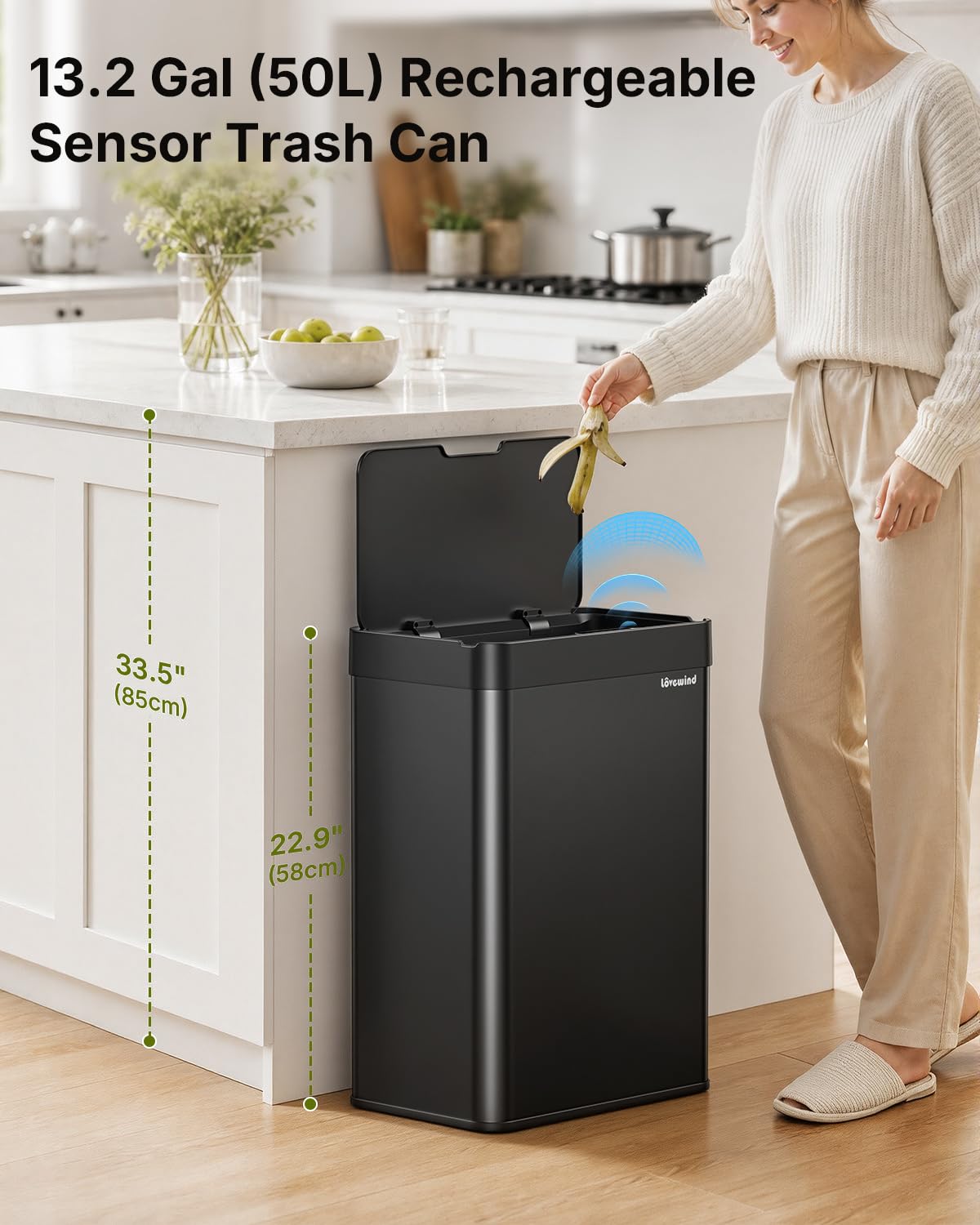 13.2 Gallon Automatic Kitchen Trash Can, Touchless Sensor Garbage Can,Black