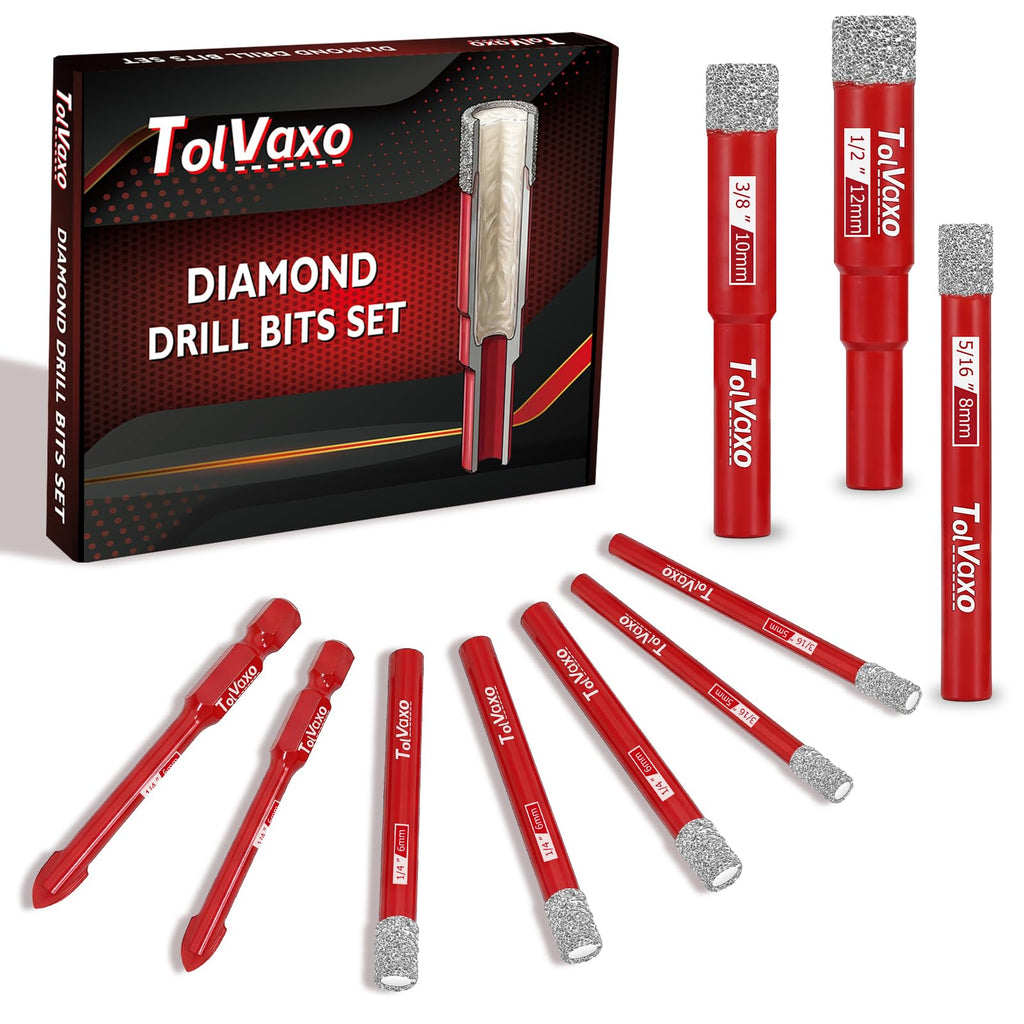 Tolvaxo 10Pcs Dry Diamond Drill Bit Set, Tile Drill Bit for Ceramic, Glass, Porcelain, Marble & Granite - 3/16"(x2), 1/4" (x3), 5/16", 3/8", 1/2" with Cooling Wax & 1/4" Masonry Bit(x2)