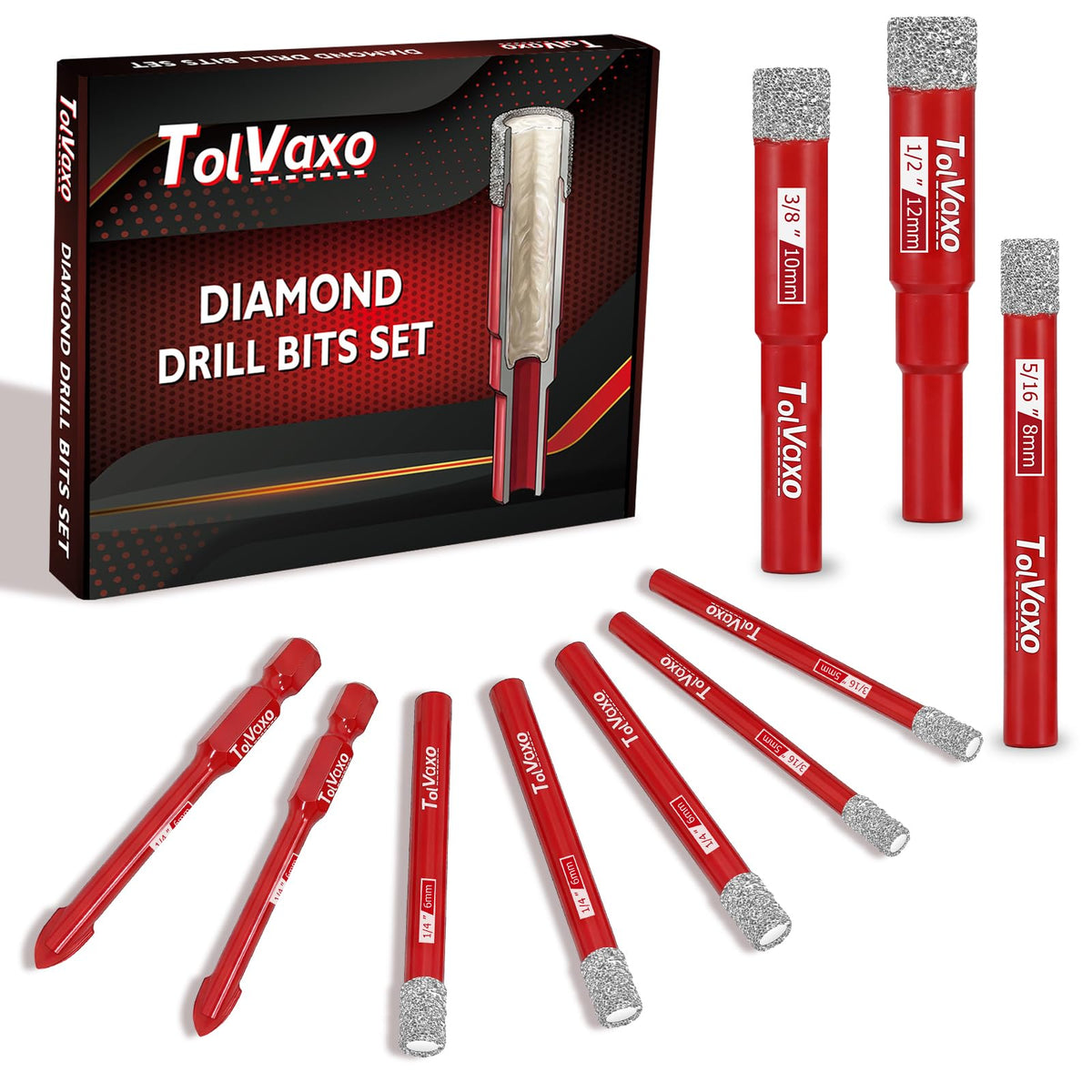 Tolvaxo 10Pcs Dry Diamond Drill Bit Set, Tile Drill Bit for Ceramic, Glass, Porcelain, Marble & Granite - 3/16"(x2), 1/4" (x3), 5/16", 3/8", 1/2" with Cooling Wax & 1/4" Masonry Bit(x2)
