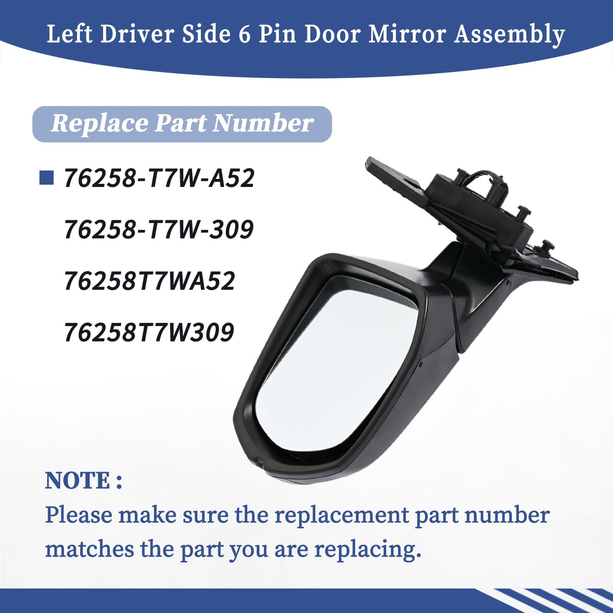 Getfarway Left Driver Side 6 Pin Door Mirror Assembly Fit for Honda HR-V EX/EX-L Navi 2016 2017 2018 Heated Power Glass Turn Signal Light Manual Folding Door Mirror Replaces 76258-T7W-A52