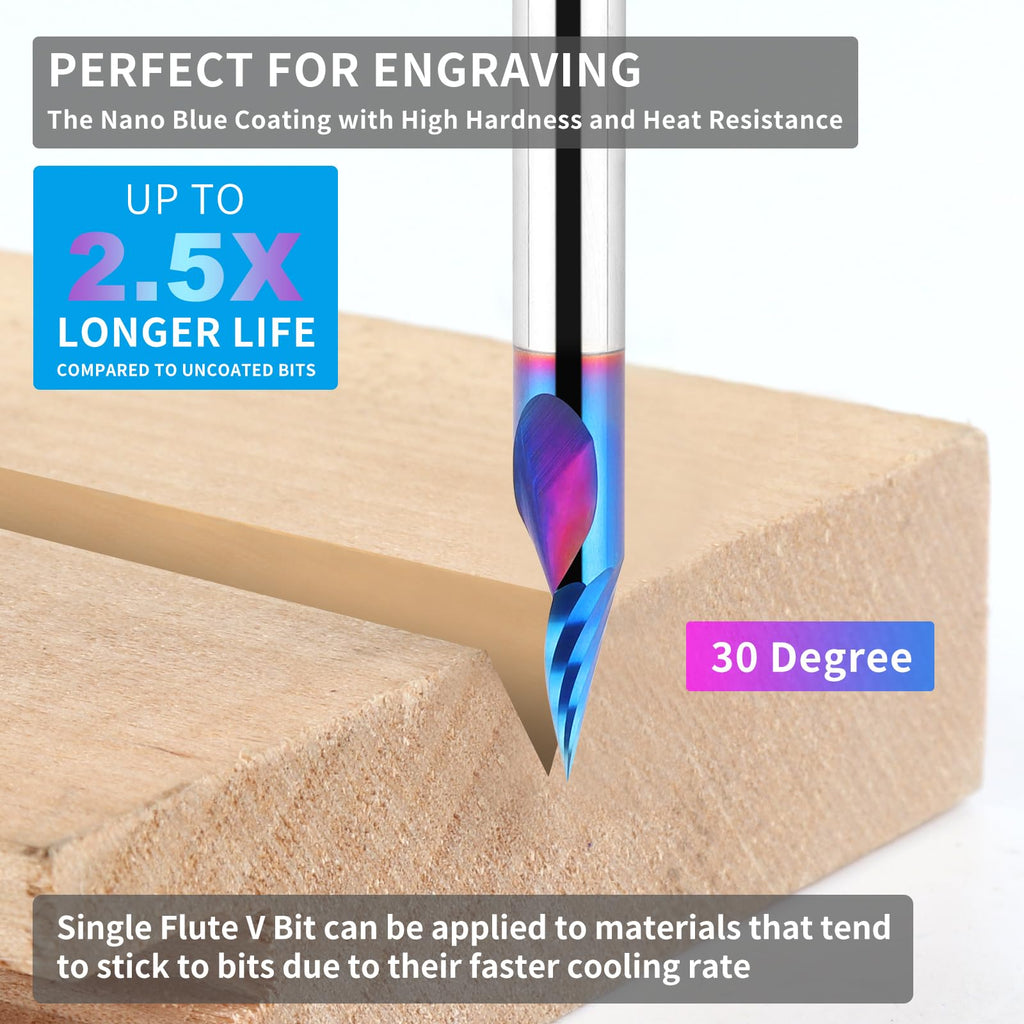 EANOSIC Chamfer End Mill V Groove O Flute Spiral Router Bit 30 Degree 1/4 Inch Shank, Single Flute CNC Carbide V-bit for Engraving Chamfering Lettering, Ideal for Wood, Plywood, MDF, PVC and Acrylic