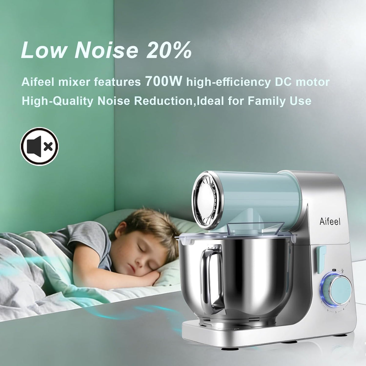 Stand Mixer,6.5QT Electric Mixer,700W DC Motor with Low Noise Green-Silver | Kitchen Mixer with Dough Hook,Flat