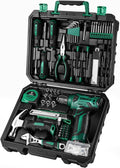 Tool Kit: 8V Cordless Drill, Home Toolbox with storage case, Hand Tool set for Home Repairs 126 Piece, Green