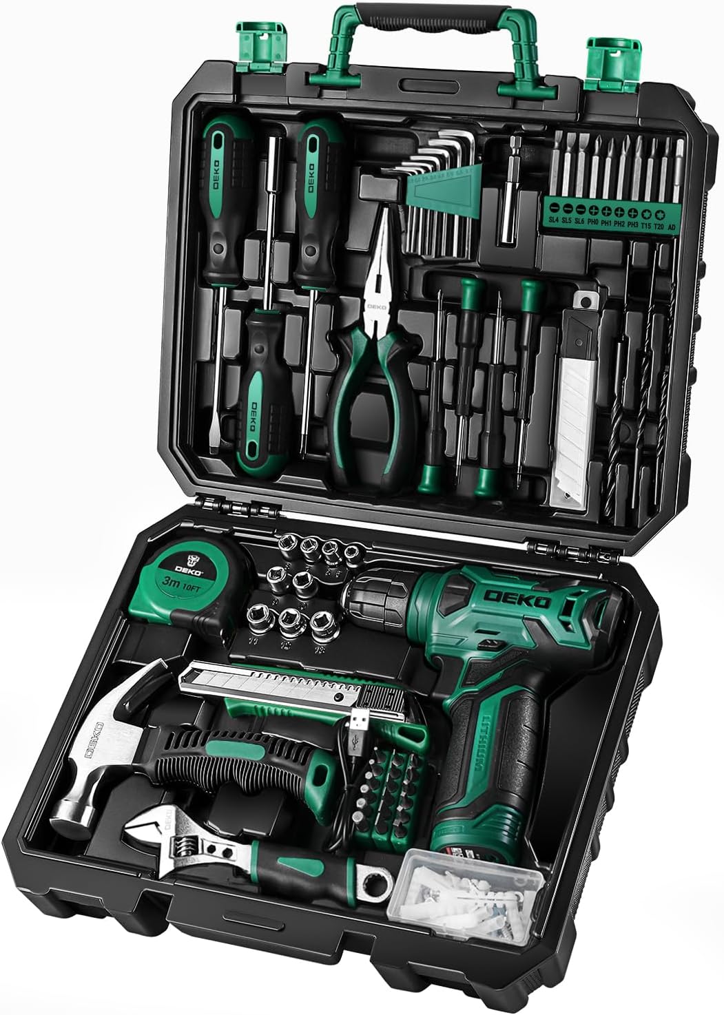 Tool Kit: 8V Cordless Drill, Home Toolbox with storage case, Hand Tool set for Home Repairs 126 Piece, Green
