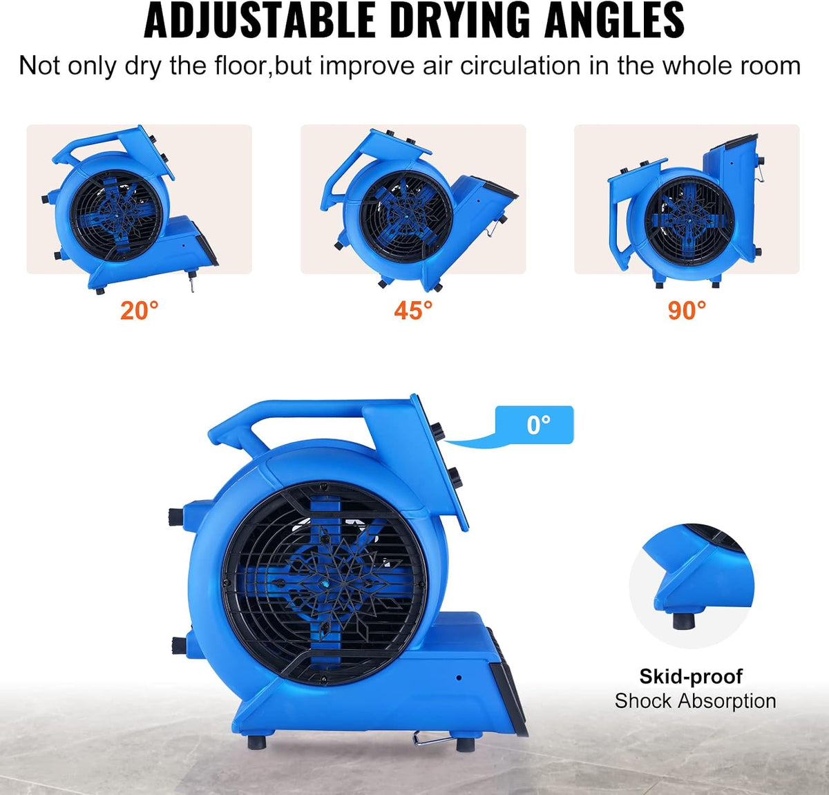 Air Mover, 1/2 HP 2600 CFM Carpet Dryer for Cooling and Ventilating | Portable Floor Blower Fan, 4 Blowing Angles and