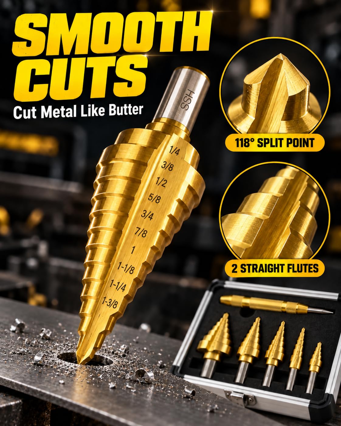 COMOWARE Step Drill Bit Set for Metal HSS 5Pcs Ti-Coated with Center Punch