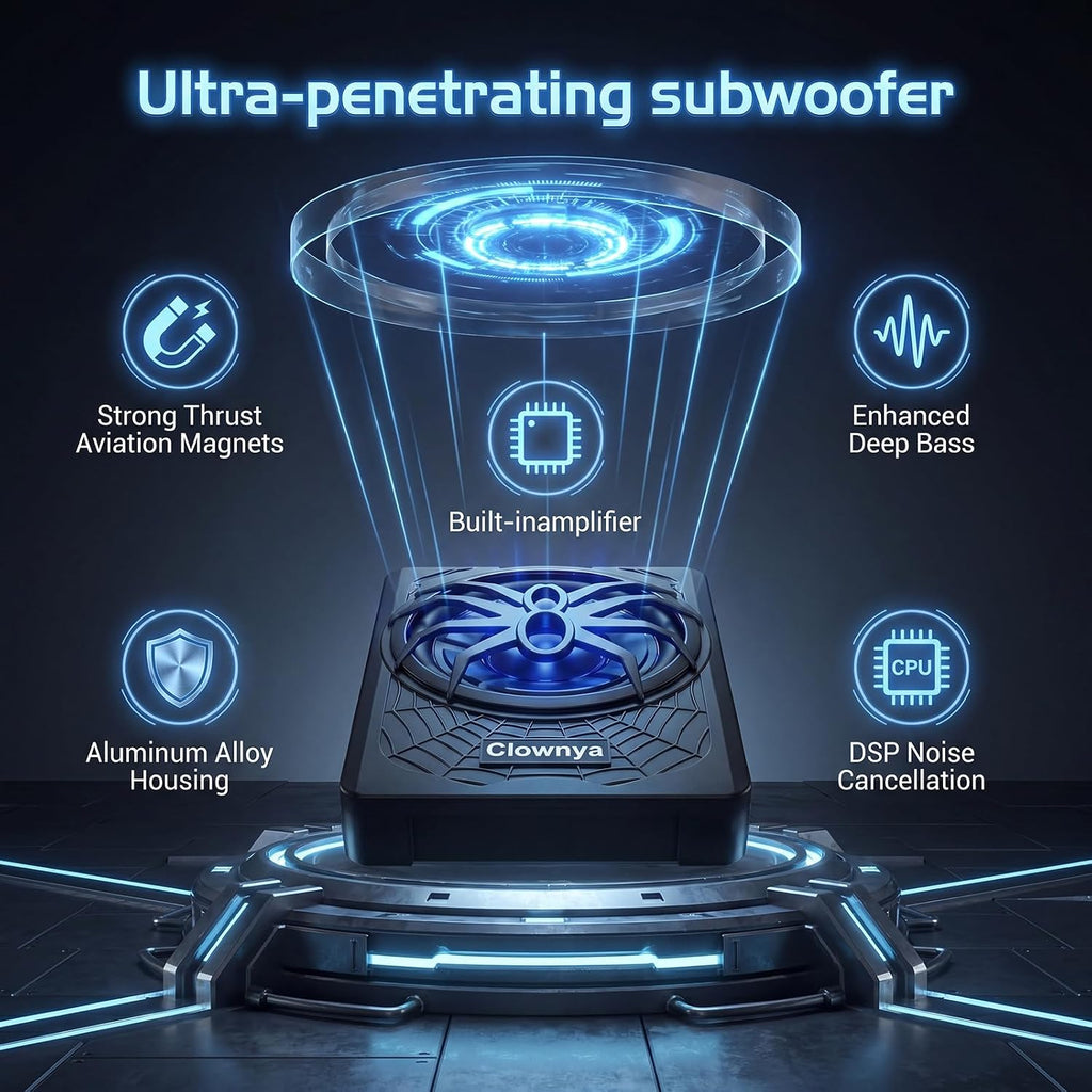 10" 1200W Slim Under-Seat Powered Car Subwoofer with Built-in Amp | Aluminum enclosure, high and low level RCA and