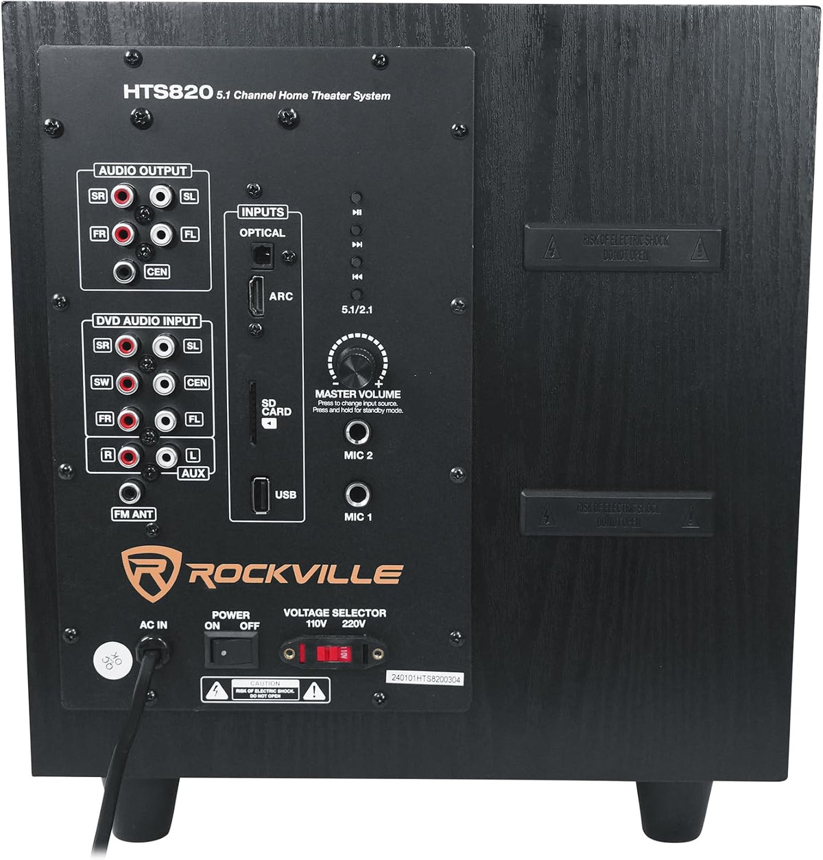 HTS820 1500W 5.1 Channel Home Theater System with 8" Subwoofer, Bluetooth, USB, Includes Remote and Speaker Mounts