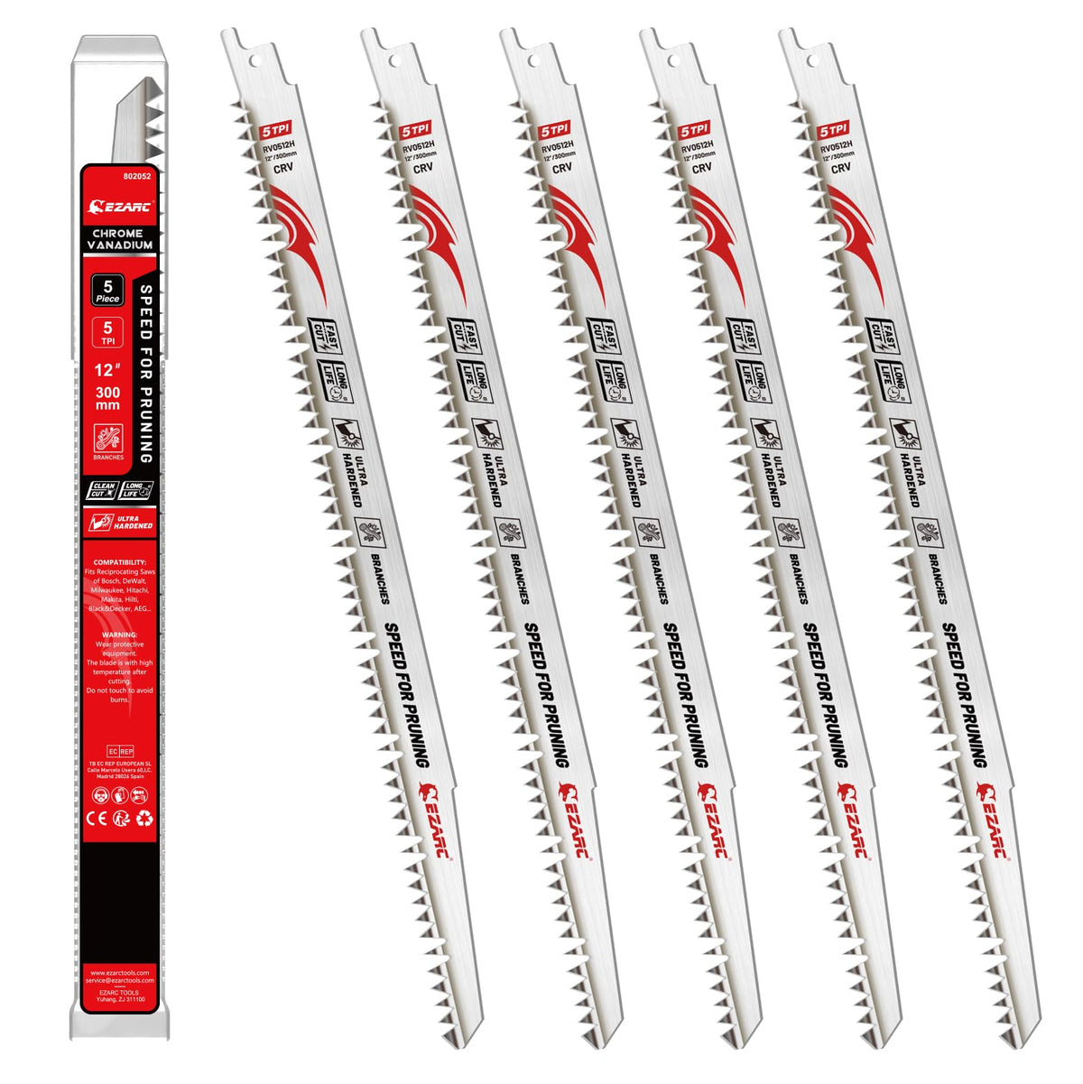 EZARC Reciprocating Saw Blades, 12-Inch 5TPI for Wood Pruning, 5-Pack