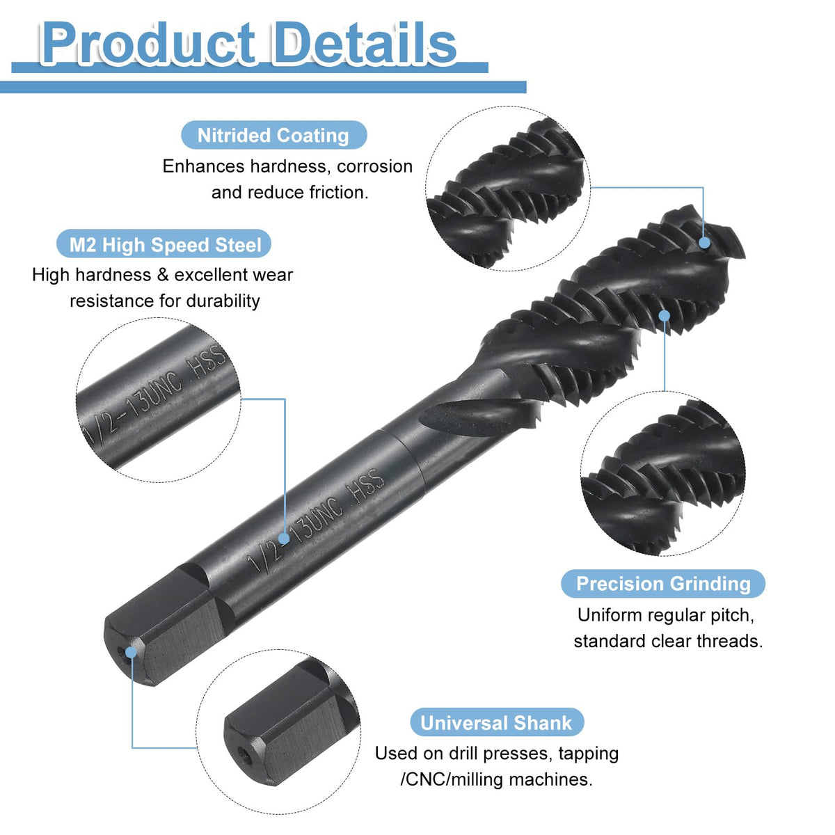 uxcell Spiral Flute Thread Taps 1/2-13 UNC H2 Machine Threading Tap Bit, Nitrided Coated Screw Tapping Repair Tool, M2 High-Speed Steel (HSS6542)