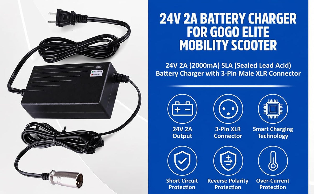 24V 2A Battery Charger for GoGo Mobility Scooter - 24V 2000mA Automatic SLA Scooter Charger (3-Pin XLR Connector) for Drive Medical, Go-Go Elite Traveller, Jazzy Power Chair, Pride Mobility, ShopRider