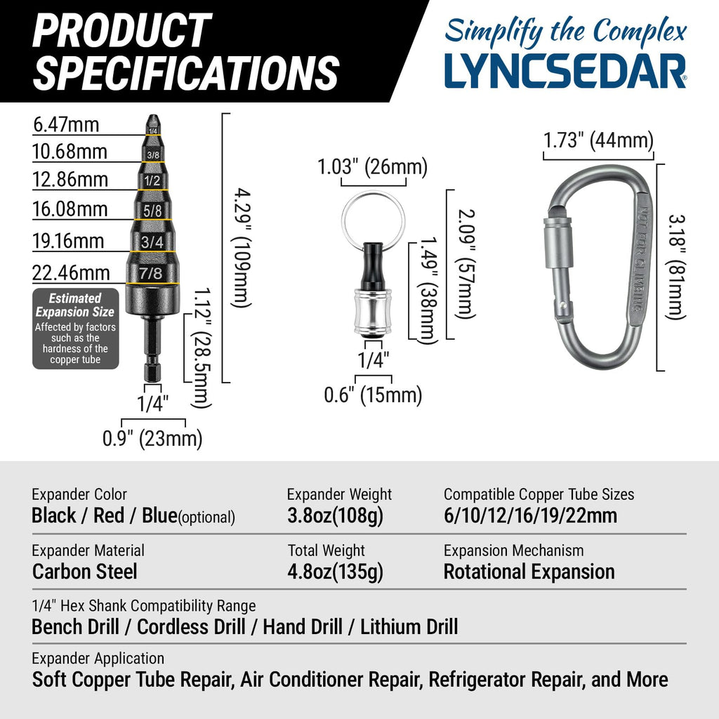LYNCSEDAR 6-in-1 Copper Swedge Tool HVAC, Black Soft Tube Expander, Carbon Steel, Bit Holder, No.8 Flat Carabiner, Swaging Tool Set for Drill, Swage Repair Kit for 1/4 3/8 1/2 5/8 3/4 7/8 Pipe