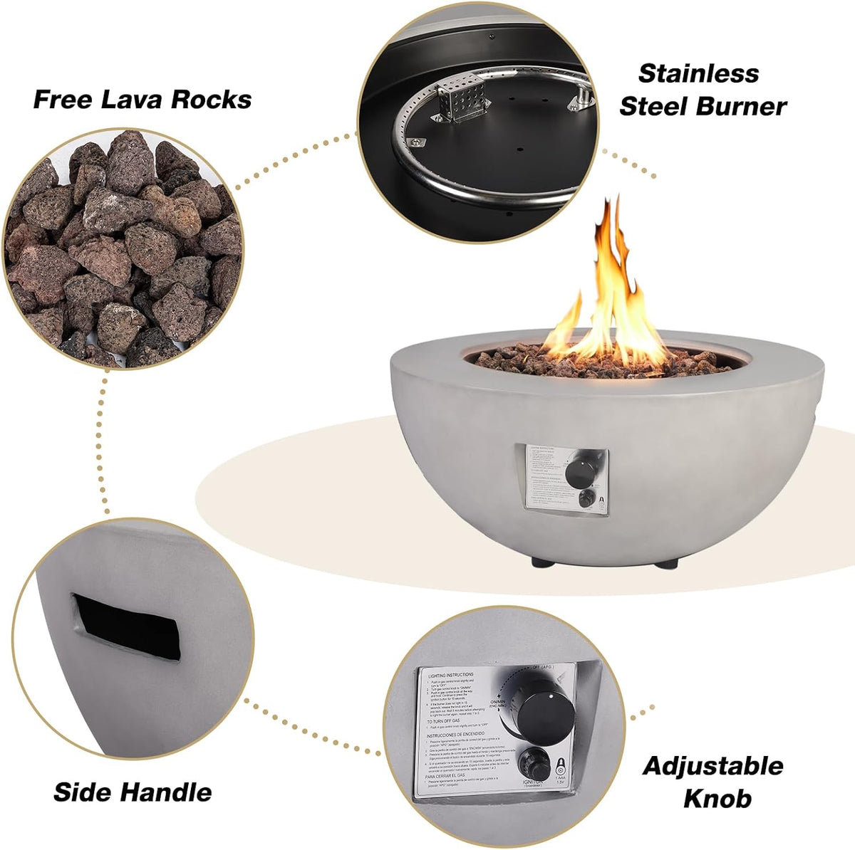 2-Piece Outdoor Propane Fire Pit Table Set w/Tank Cover Table, 31.5-inch 50,000 BTU Bowl Concrete Firepit SUS201
