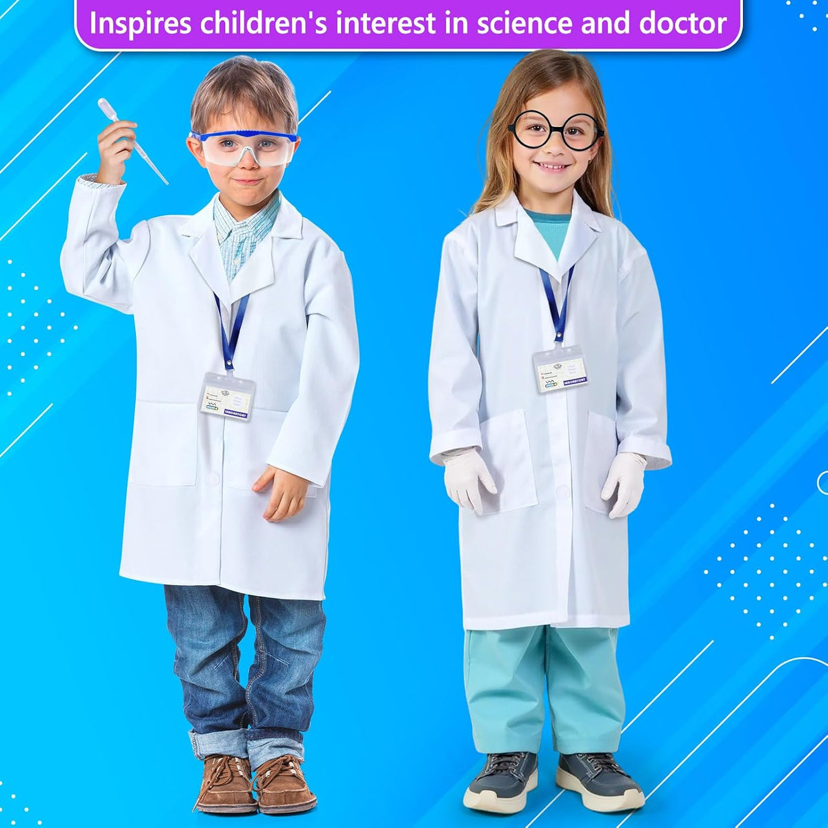 Kids Scientist Costume Lab Coat Doctor Pretend Play for Boys Girls, with Goggles Glasses ID Card Gloves