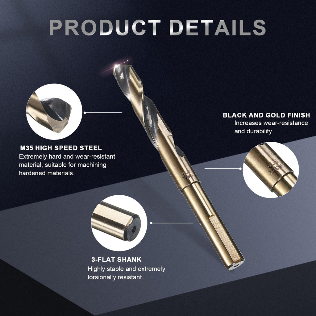uxcell 9/16" Drill Bit 1/2" Reduced Shank 3-Flat M35 5% Cobalt HSS