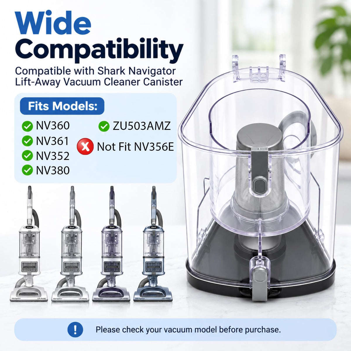 Upgraded Dust Bin Replacement Parts for Shark Navigator Lift-Away NV360, NV361, NV352, ZU503AMZ, NV380 Vacuum Cleaner Canister, With 1 Foam Filters, 1 Ultra-thick Felt Filters