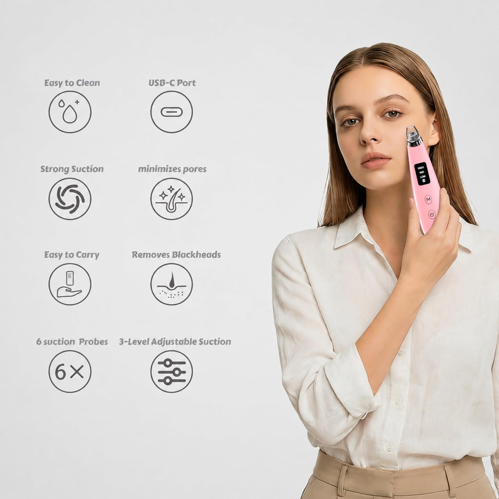 Pore Vacuum for Face & Nose - Blackhead Remover with 3 Adjustable Suction Levels, 6 Interchangeable Probes, USB-C