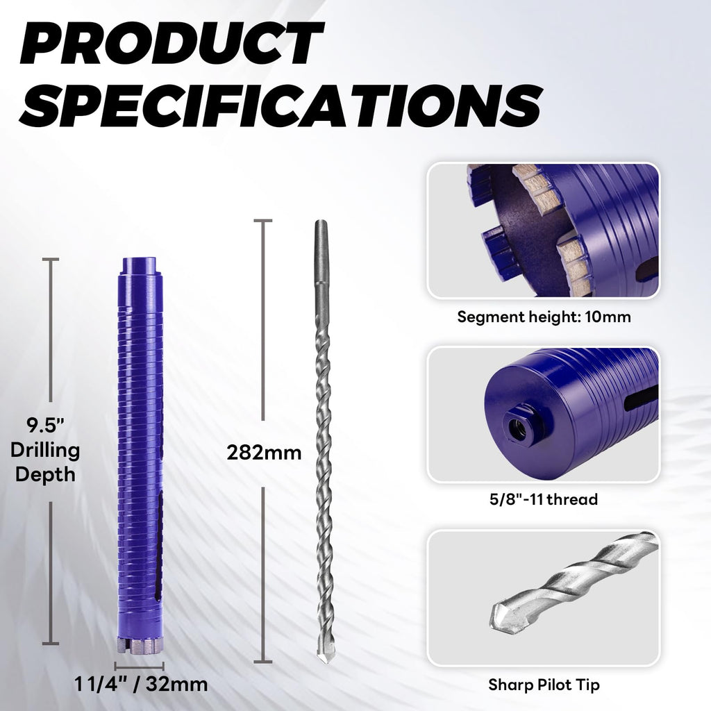 DaduoRi 1-1/4" Core Drill Bit with Pilot Bit & Adapters(SDS Plus and 1/2" Hex), 5/8"-11 Thread, 9.5" Depth, Upgraded-Welded Segments Diamond Core Bits for Concrete, Masonry, Brick, Stone