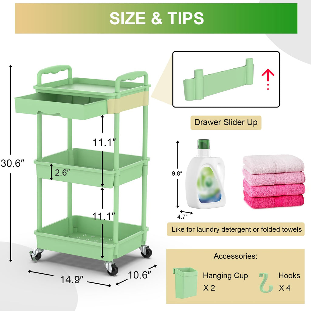 3 Tier Rolling Utility Cart Organizer with Removable Drawer, Green