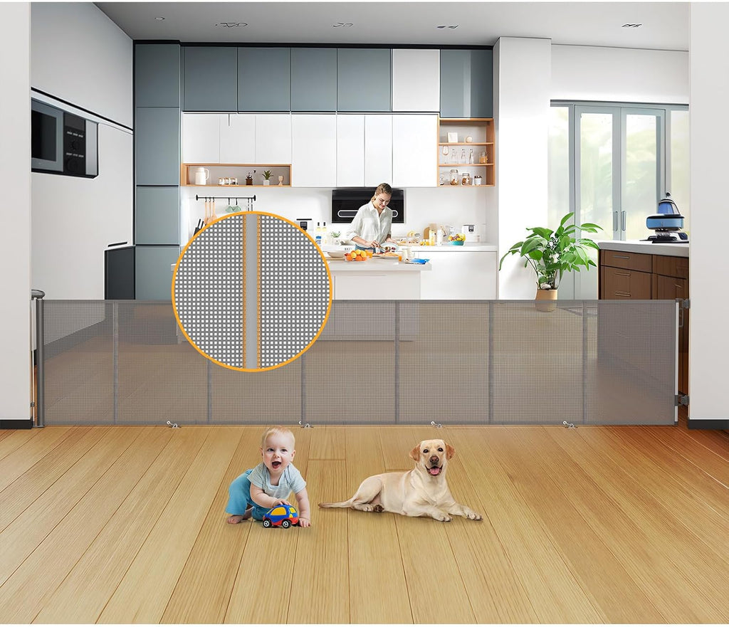 200" Extra-Wide Retractable Indoor Mesh Pet & Child Safety Gate with One-Hand Safety Lock for Wide Openings, Patios & Stairways