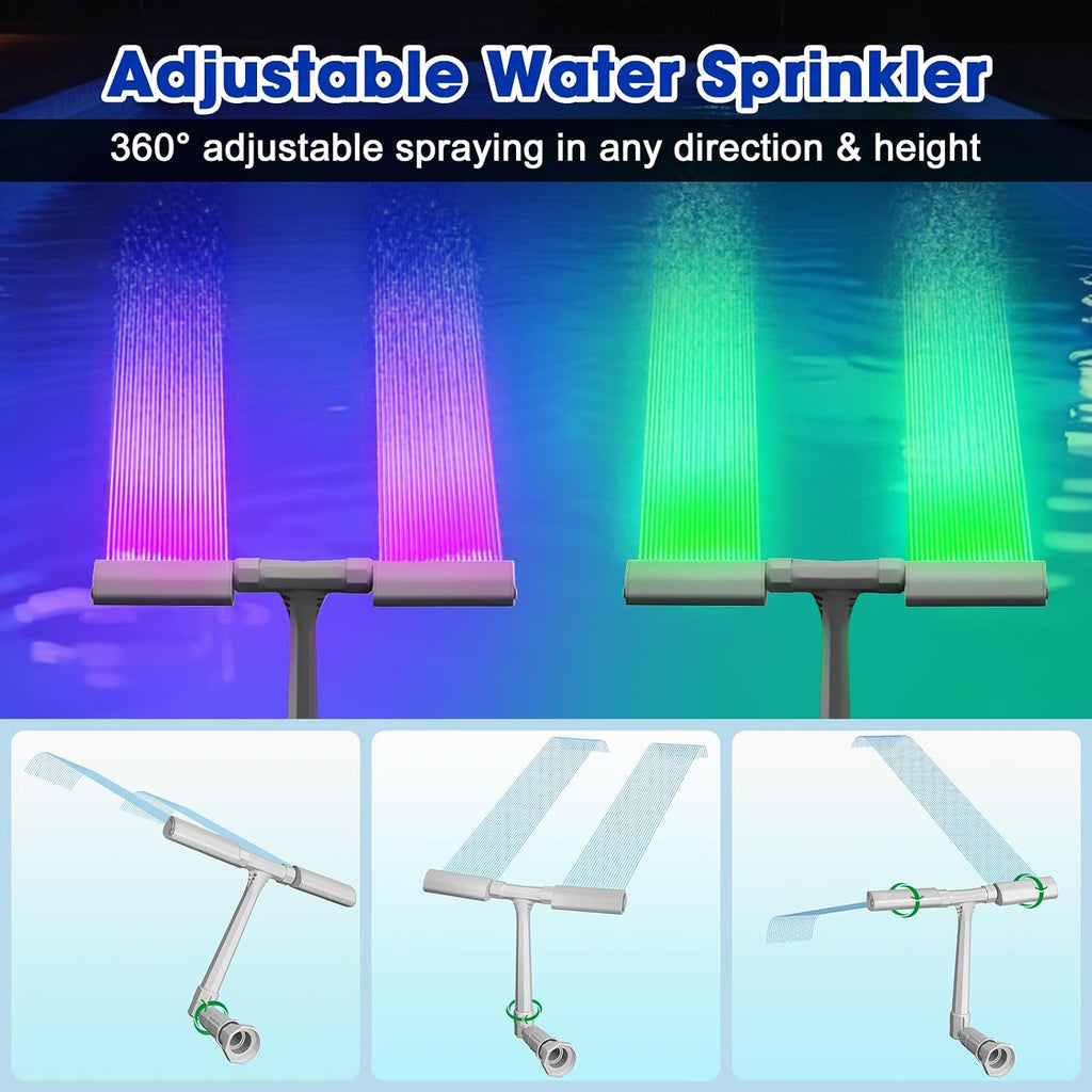 Pool Fountain for Inground and Above Pools: Adjustable Dual Sprayer Waterfall Sprinkler with 16 Color LED Lights for