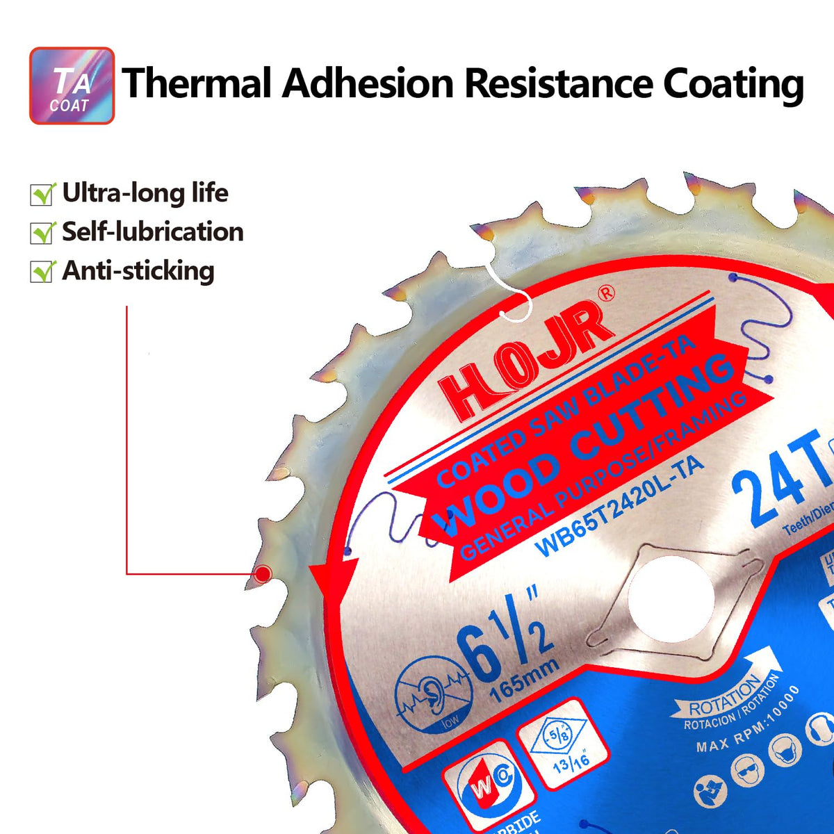 HOJR 10-Pack 6-1/2" 24-Tooth 5/8“ Arbor Woodworking Circular Saw Blade,Framing/General Purpose, Special Anti-Thermal Adhesion Coating on Cutting Edge - TA,High Finish,Long Life,6-1/2" 24T 5/8"