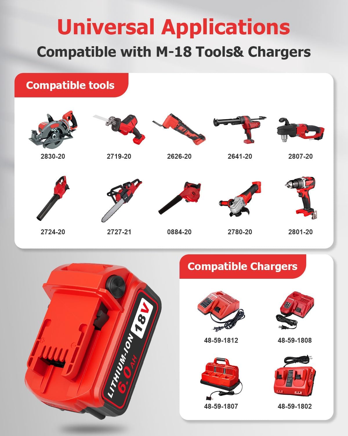2/pk 18V 6.0Ah Replacement for Milwaukee M-18 Battery with Rapid Dual Charger